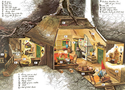 Charming illustration inspired by "Book: Gnomes Introduction by Brian Froud Text by Wil Huygen Illustrated by Rien Poortvliet" (Abrams): three gnomes do chores in their cozy tree home, with labeled items like fireplace, stove, ladder, and a key.