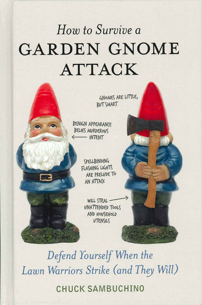 Cover of the book "How to Survive a Garden Gnome Attack," which serves as a survival guide unveiling the real danger; it depicts two gnomes with labels highlighting their innocent appearance and lethal motives, transforming home invasion defense into an art form.