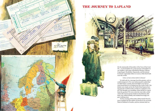 An illustrated page from "Book: Secrets of the Gnomes" features train tickets, a Northern Europe map, and a station scene with a person and luggage under a large clock—titled The Journey to Lapland.