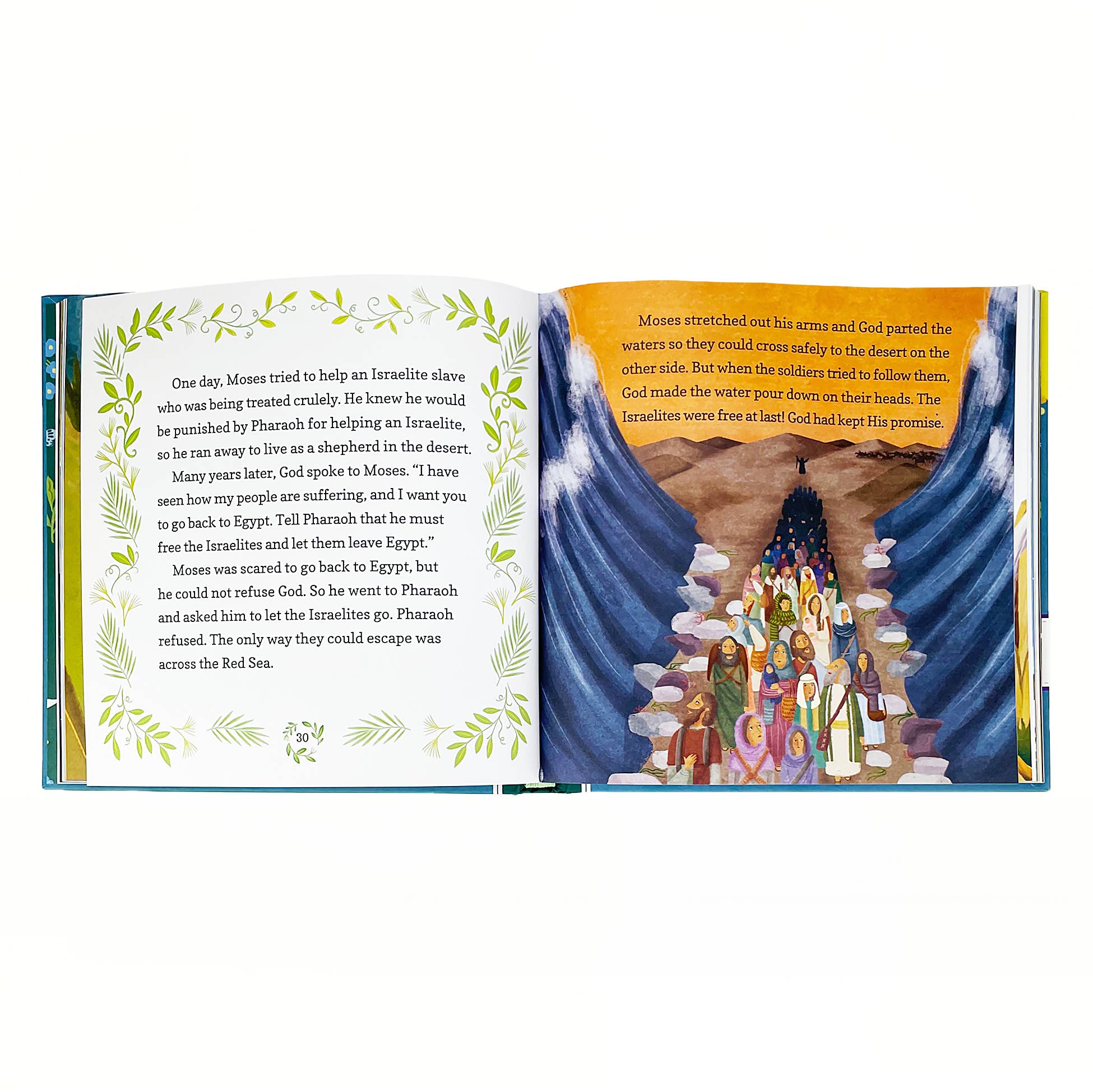 The "Good Night God, Bedtime Bible Stories" book features an open page with Moses leading people through parted waters, making it ideal for bedtime Bible stories or as a meaningful christening gift.