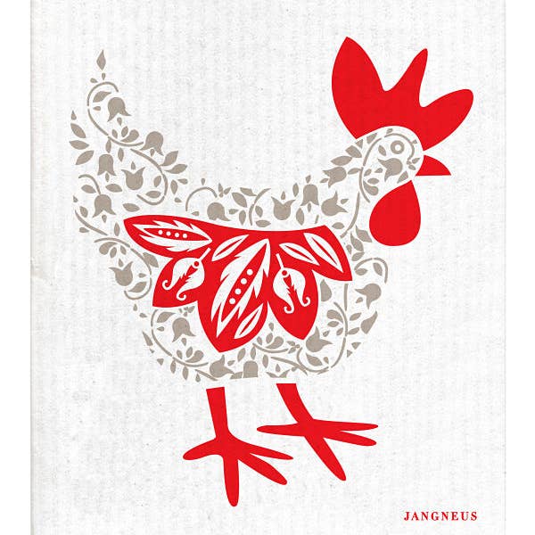 A Swedish dish cloth named Hen Grey & Red features a stylized illustration of a chicken with red and gray Scandinavian patterns on a white background.