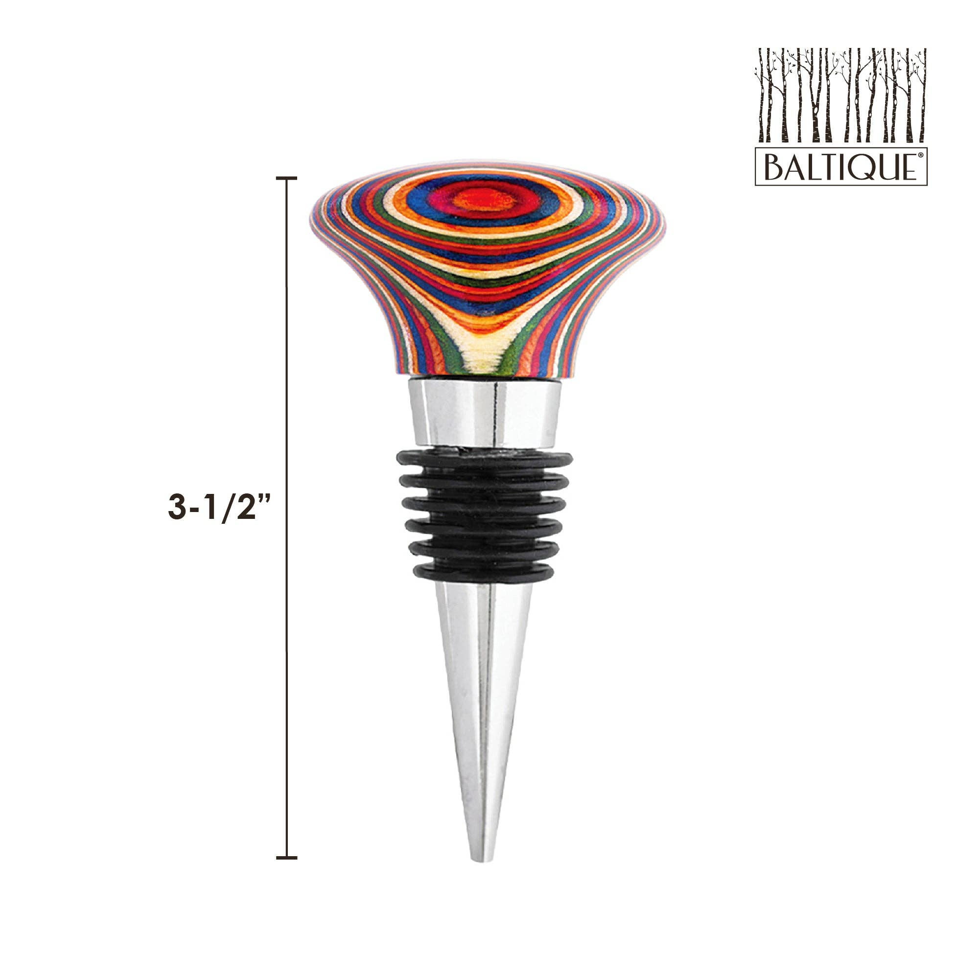 This vibrant wooden wine bottle stopper, part of the Marrakesh Collection, features a metal base and air-tight silicone rings, measuring 3.5 inches. It is decorated with the iconic Baltique logo in the upper right corner.