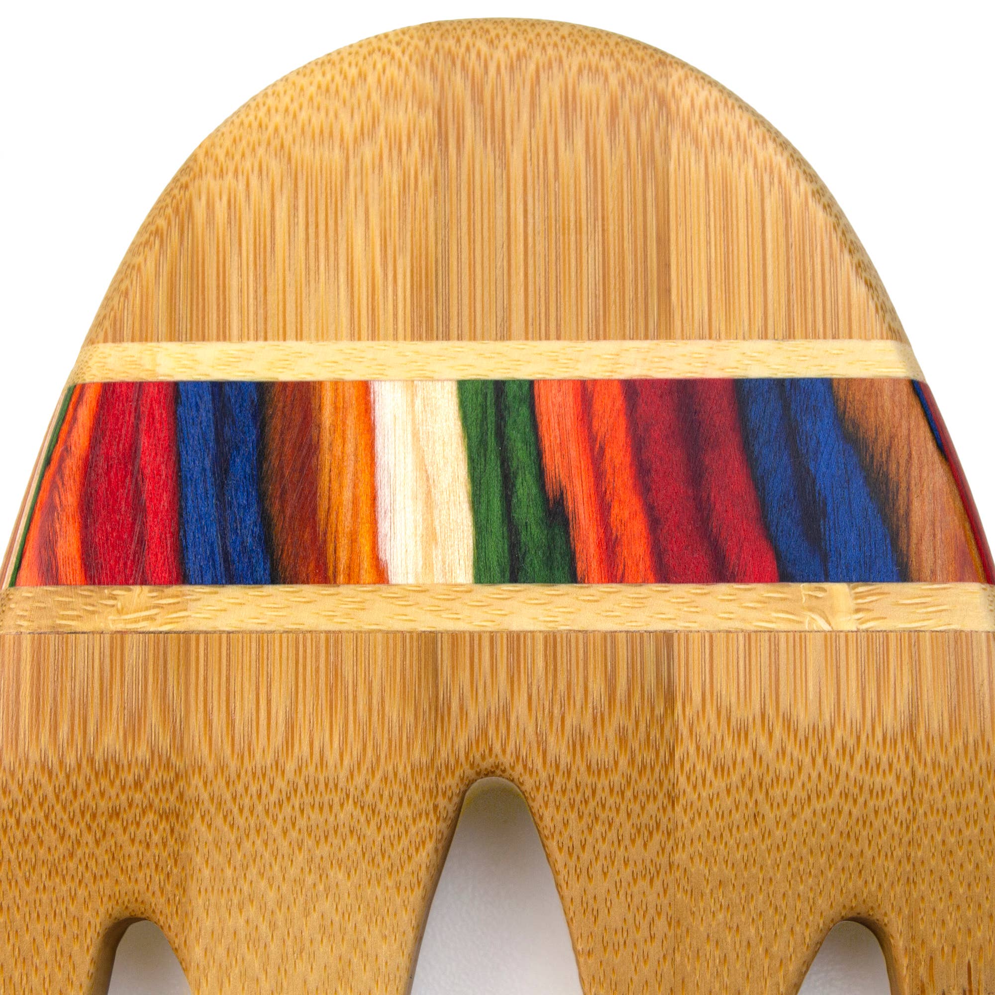 Close-up of the Marrakesh Collection Salad Hands—a bamboo utensil with a curved top and a vibrant horizontal stripe in red, blue, green, orange, and white.
