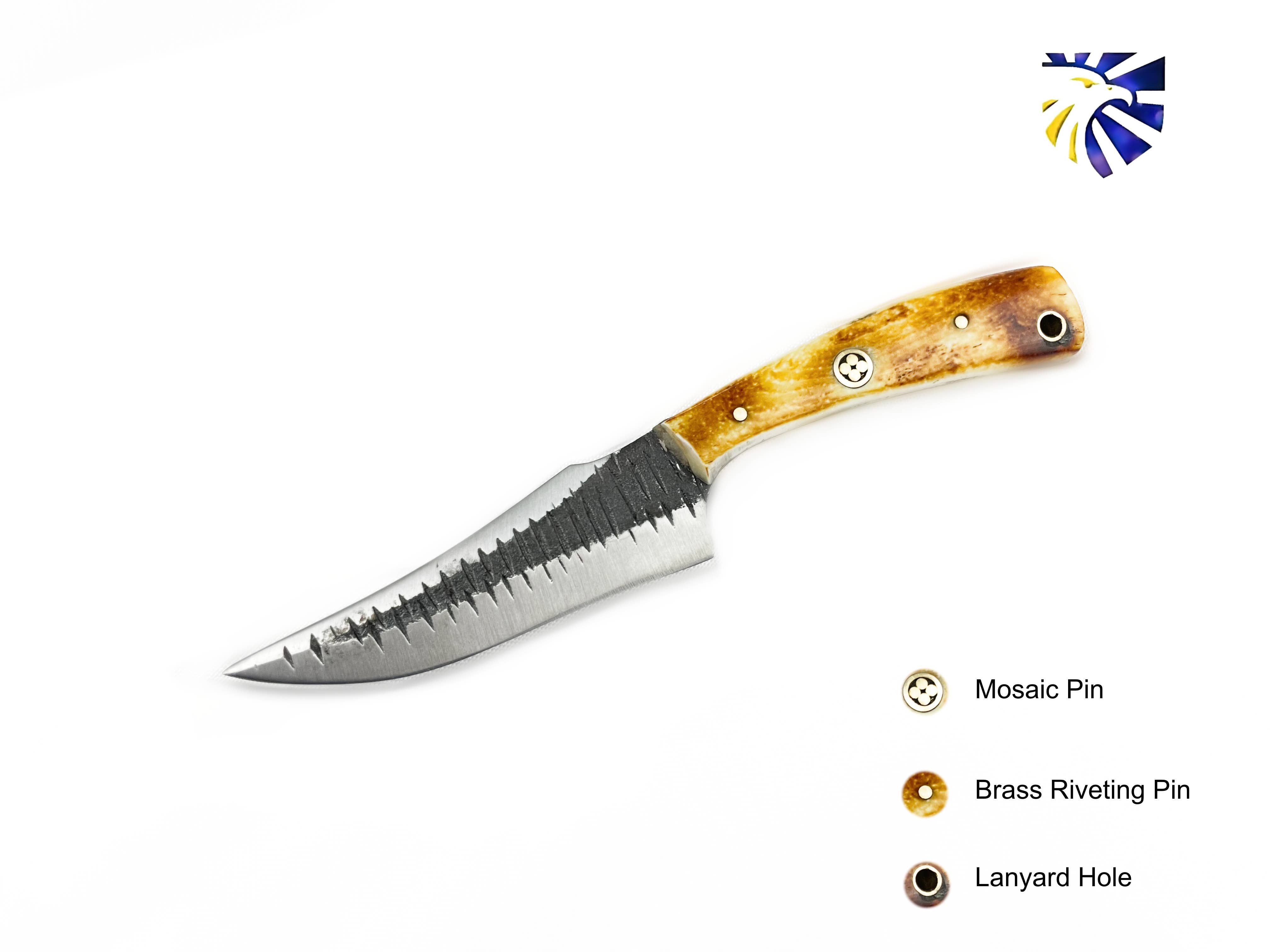 The Carbon Skinning/Hunting Knife features high carbon steel, a serrated spine, wooden handle with mosaic pin, brass rivet, and lanyard hole—perfect for hunting tasks.