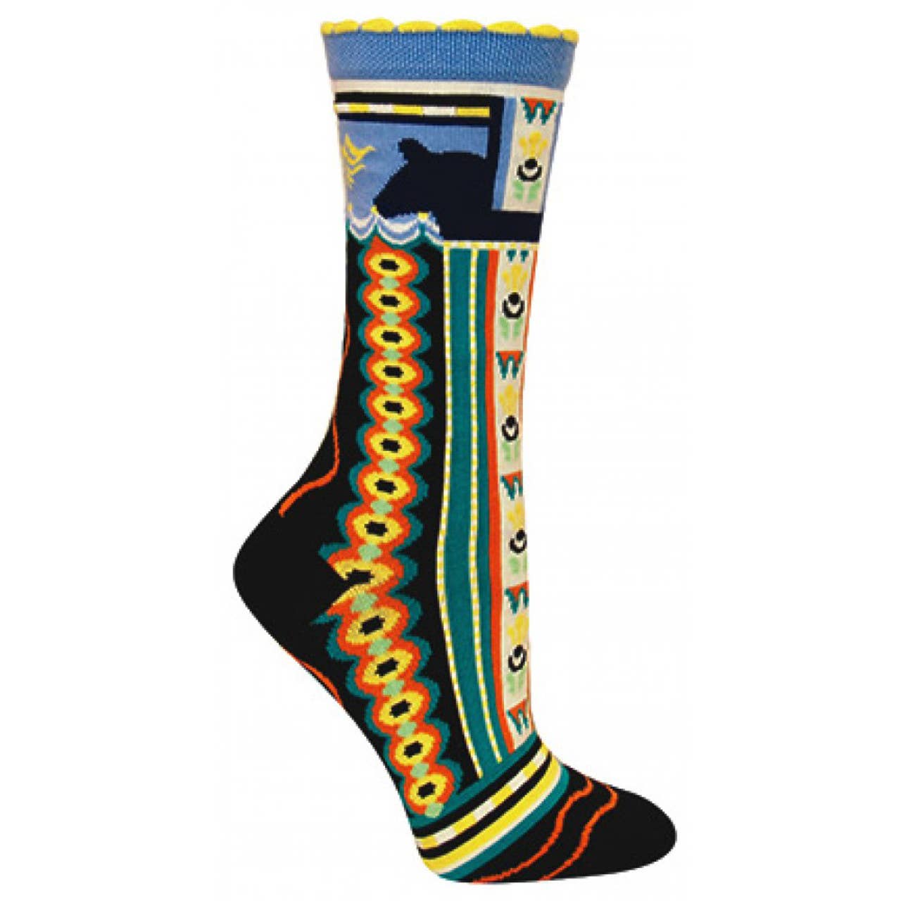 The Socks: Dala Horse-Black Ozone Women's Dala Horse Socks feature a single black sock with colorful geometric patterns, a blue top, and a black Dala horse silhouette with yellow, orange, red, and turquoise Scandinavian details.