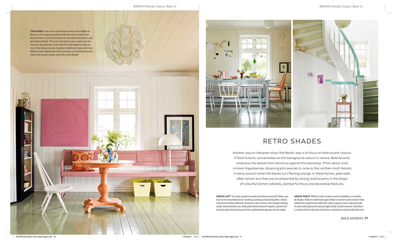 A brightly lit, retro-style living space with pastel furniture, wall art, a dining table, colorful paper garlands on the staircase, and decor inspired by the book New Nordic Colour by Antonia af Petersens.