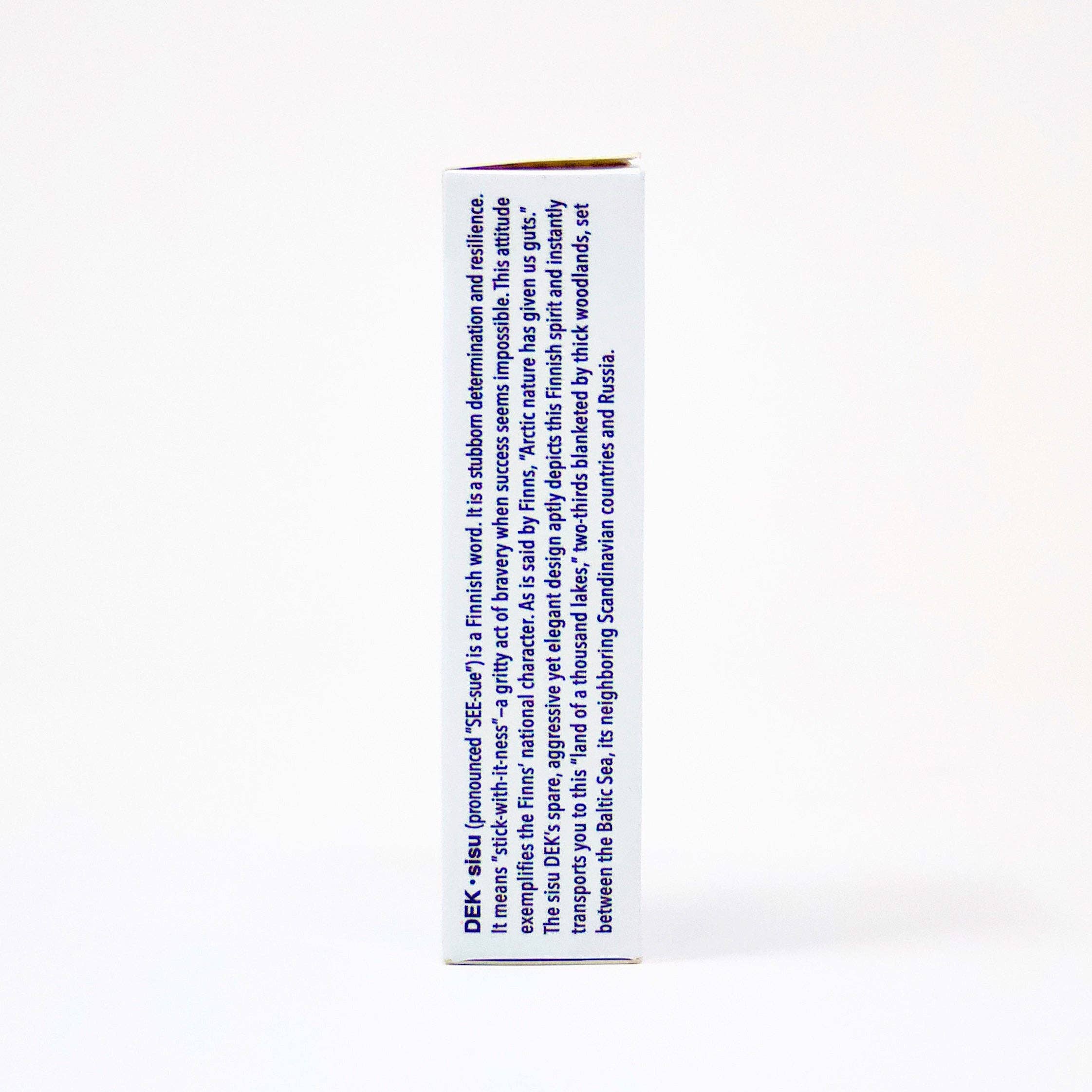 A side view of the Playing Cards: DEK Sisu (Finland) box, featuring blue text against a white background, embodying the Finnish qualities of determination and resilience.