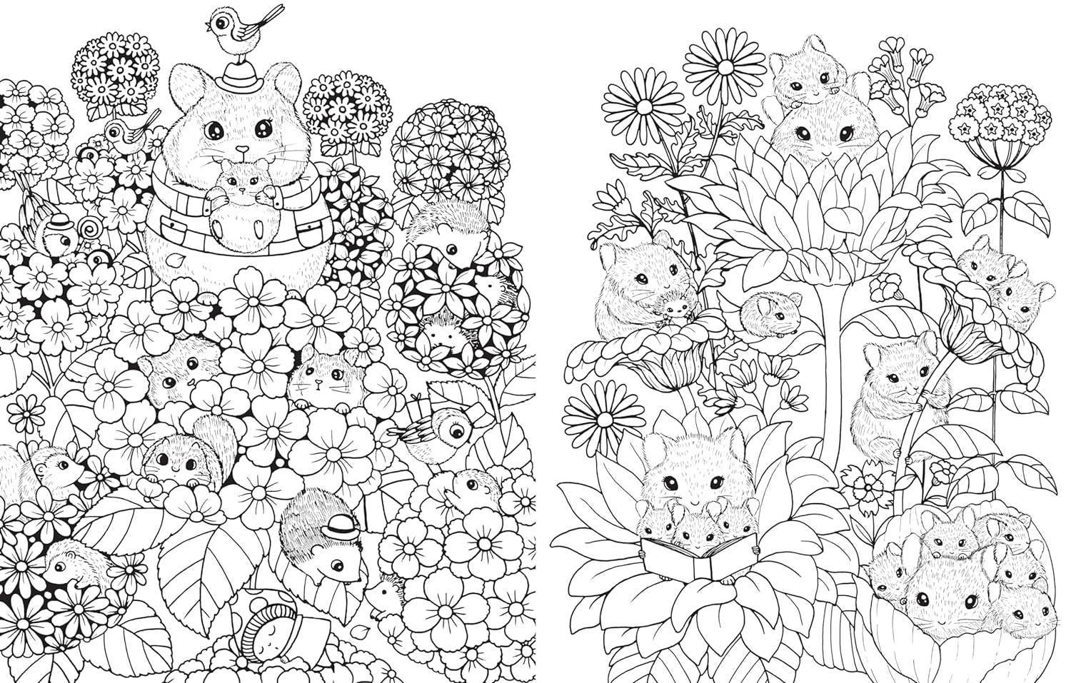 Detailed black-and-white illustration in Lulu Mayos style features hamsters, birds, and hedgehogs among flowers—perfect for Book: A Million Baby Animals Coloring Book by Lulu Mayo, great for kids and adults who love coloring.