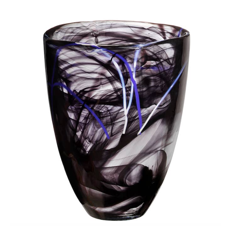 The KostaBoda: Contrast Vase Black, designed by Anna Ehrner, showcases black and purple swirls with thin blue lines on a white backdrop.