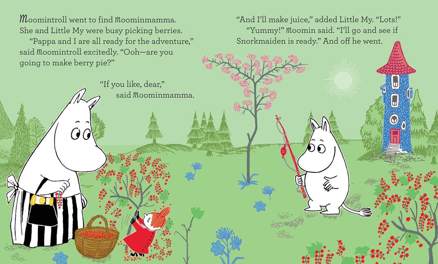 An illustration from Moomin and the Moonlight Adventure by Tove Jansson shows Moomintroll, Moominmamma, and Little My picking berries under moonlight near the Moominhouse, with whimsical dialogue text on the image.