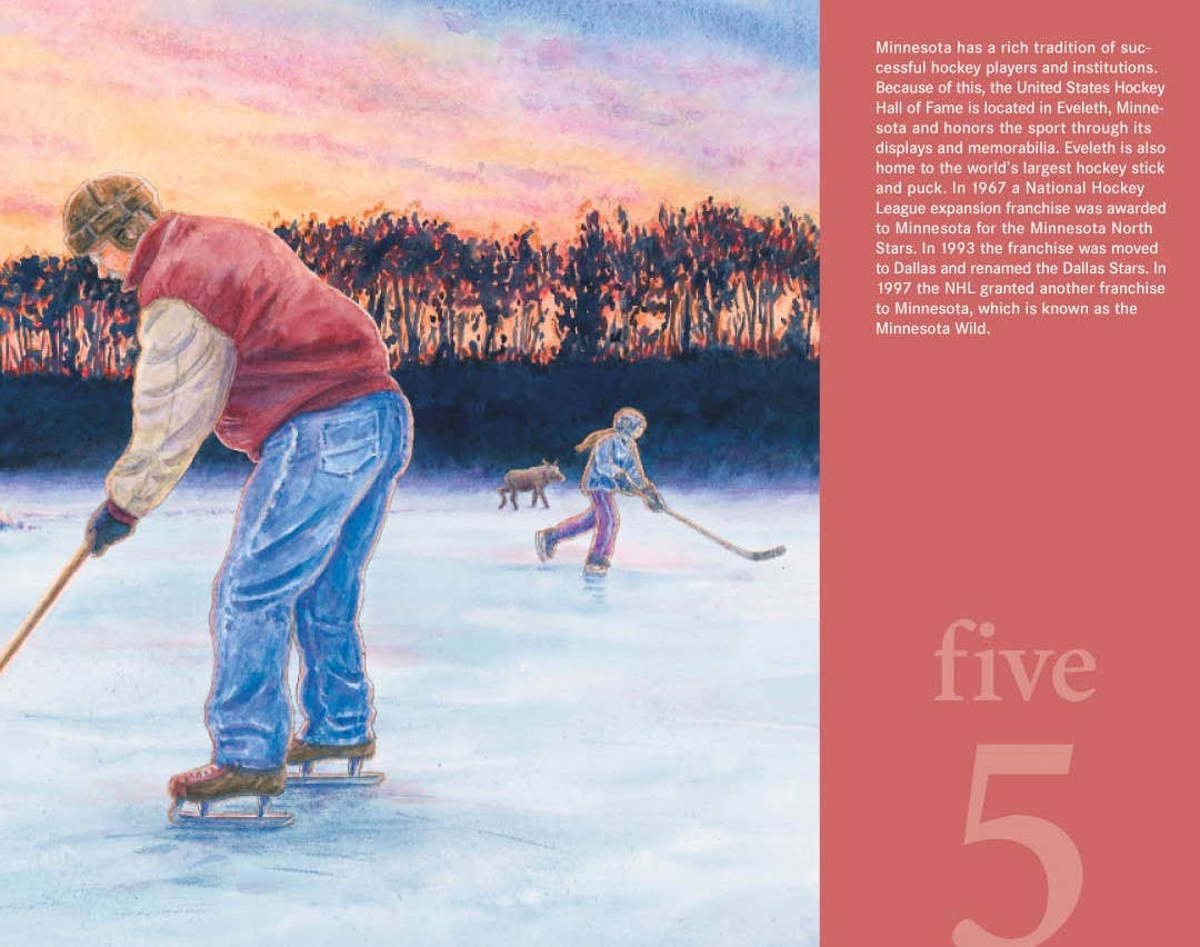 As the sun sets, people engage in outdoor ice hockey, with a player in the foreground wearing a red jacket and helmet. This scene exemplifies Minnesota's rich hockey history and its breathtaking natural landscapes. Featured to the right is text from "North Star Numbers: A MINNESOTA Number Book," which celebrates this legacy.