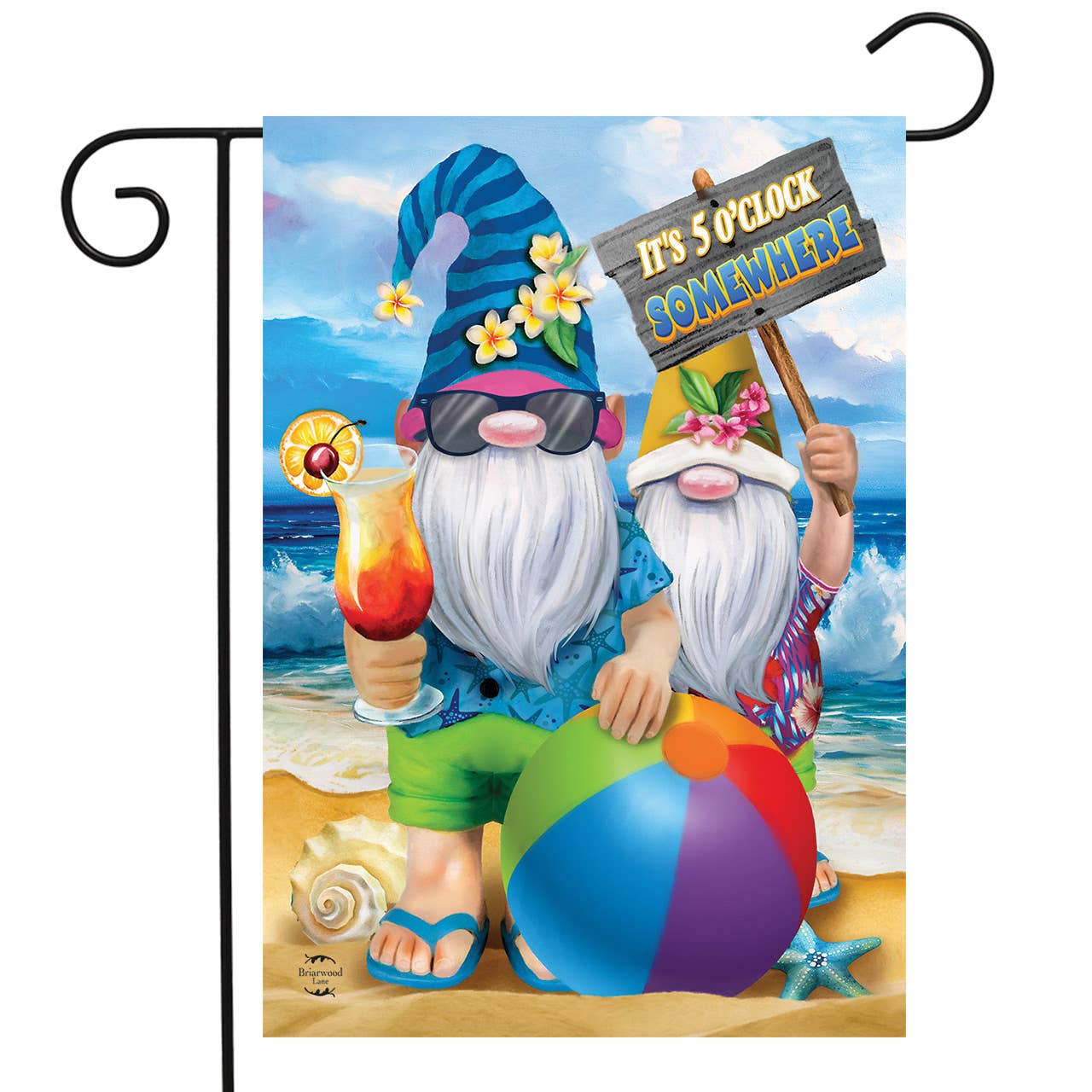 The Flag: Its 5 oclock somewhere! - Summer Gnomes Garden Flag features two gnomes in beachwear on sandy shores; one holds a drink, the other a sign, with a beach ball, seashell, and starfish adding decorative charm.