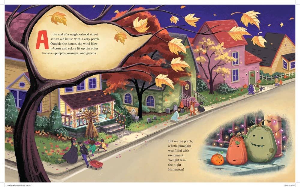 On a neighborhood street at dusk, children trick-or-treat as three glowing pumpkins—including the Little Orange Pumpkin from Erin Guendelsberger's book—brighten a porch beneath fiery autumn leaves.