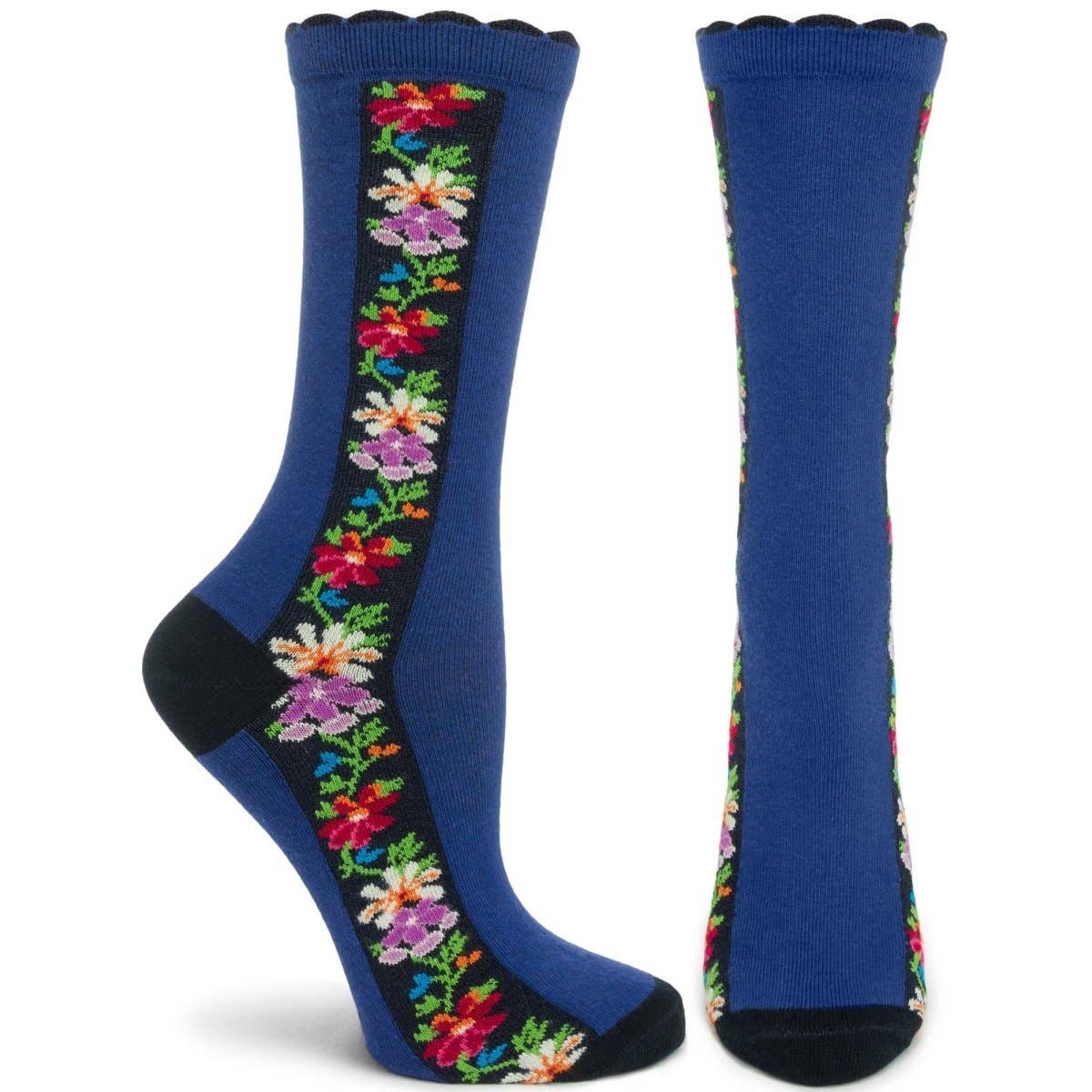 Navy crew socks with Nordic stripe design from Ozone Design. The Women's Nordic Stripe-Navy Crew Socks add a touch of classic style to any outfit.