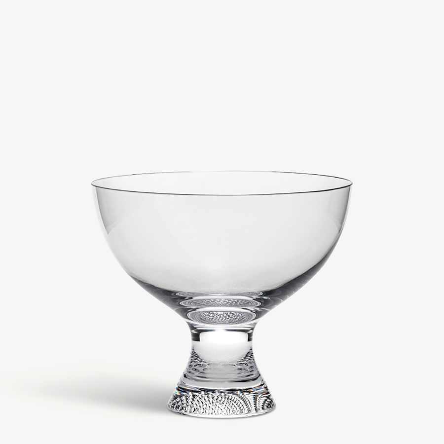 The KostaBoda: Limelight Bowl On Foot features clear glass with a wide round top and textured pedestal base. Elegant and dishwasher safe, it's showcased against a plain white background.