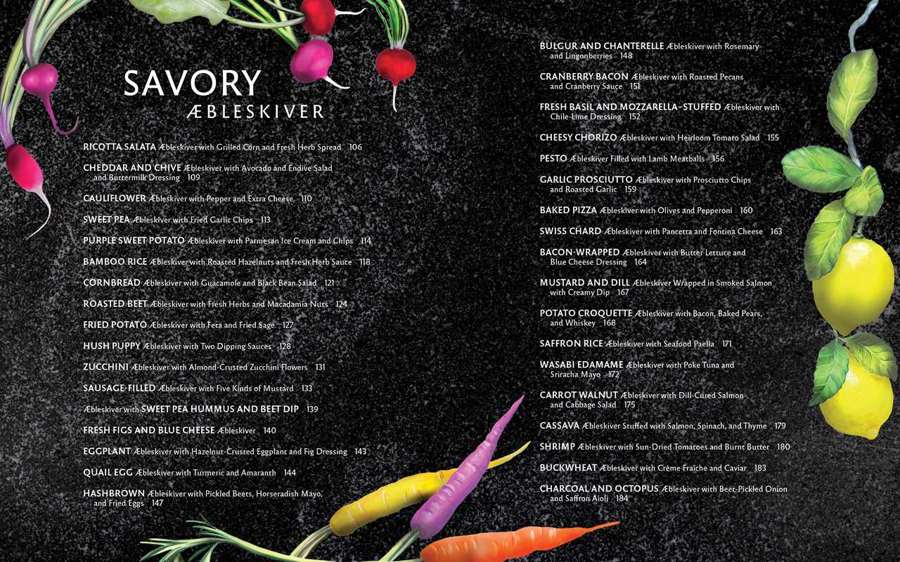 Vibrant root vegetables surround the book Aebleskiver by Pim Pauline Overgaard: A New Take on Traditional Danish Pancakes, showcasing authentic Danish recipes with crisp white text detailing dish descriptions and prices.