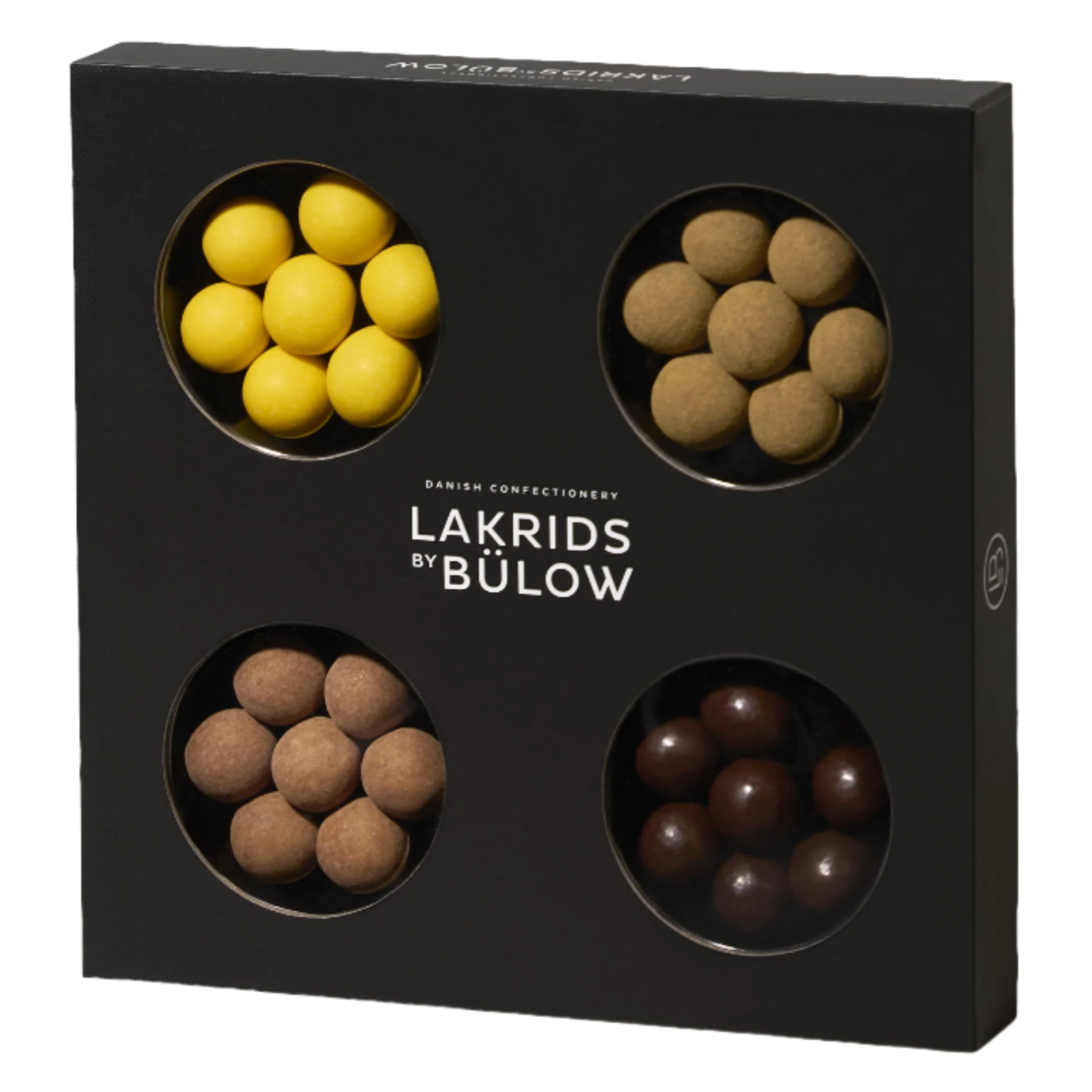The Lakrids by Bülow SELECT 4-Flavor Gift Box (6.2 oz) showcases Danish chocolate-coated licorice, each variety visible through round windows on the black box.