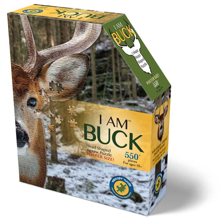 The "I Am Buck" shaped jigsaw puzzle features an intricate design of a buck's head with impressive antlers. Comprising 550 pieces, this educational puzzle is ideal for ages 10 and up.