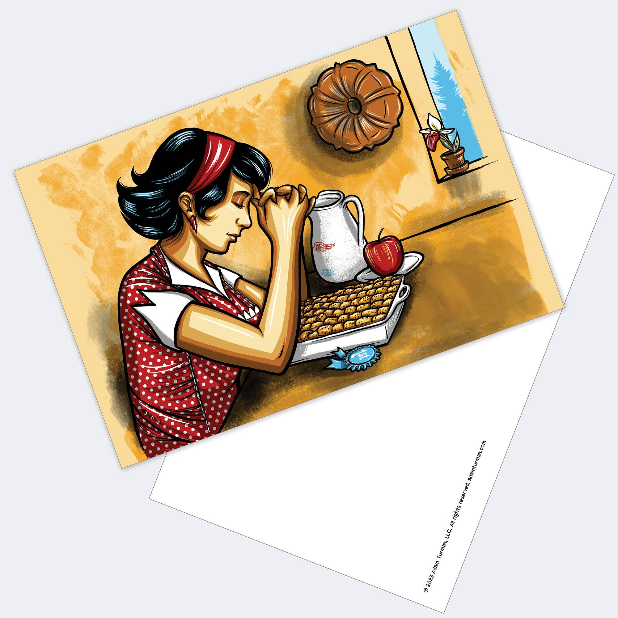 Postcards: MN Abbey Road collectible print features an illustrated woman in a red polka dot dress praying over a pie, with a jug, apple, blue ribbon, and charming decor reminiscent of classic Minnesota postcards.