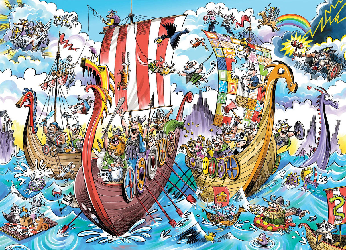 This vibrant cartoon puzzle adventure, titled "Puzzle: Viking Voyage (Family) 350pc," features a colorful illustration from the series showing two Viking ships engaged in battle on a stormy sea surrounded by whimsical sea creatures and clouds, with a rainbow beautifully arching above.