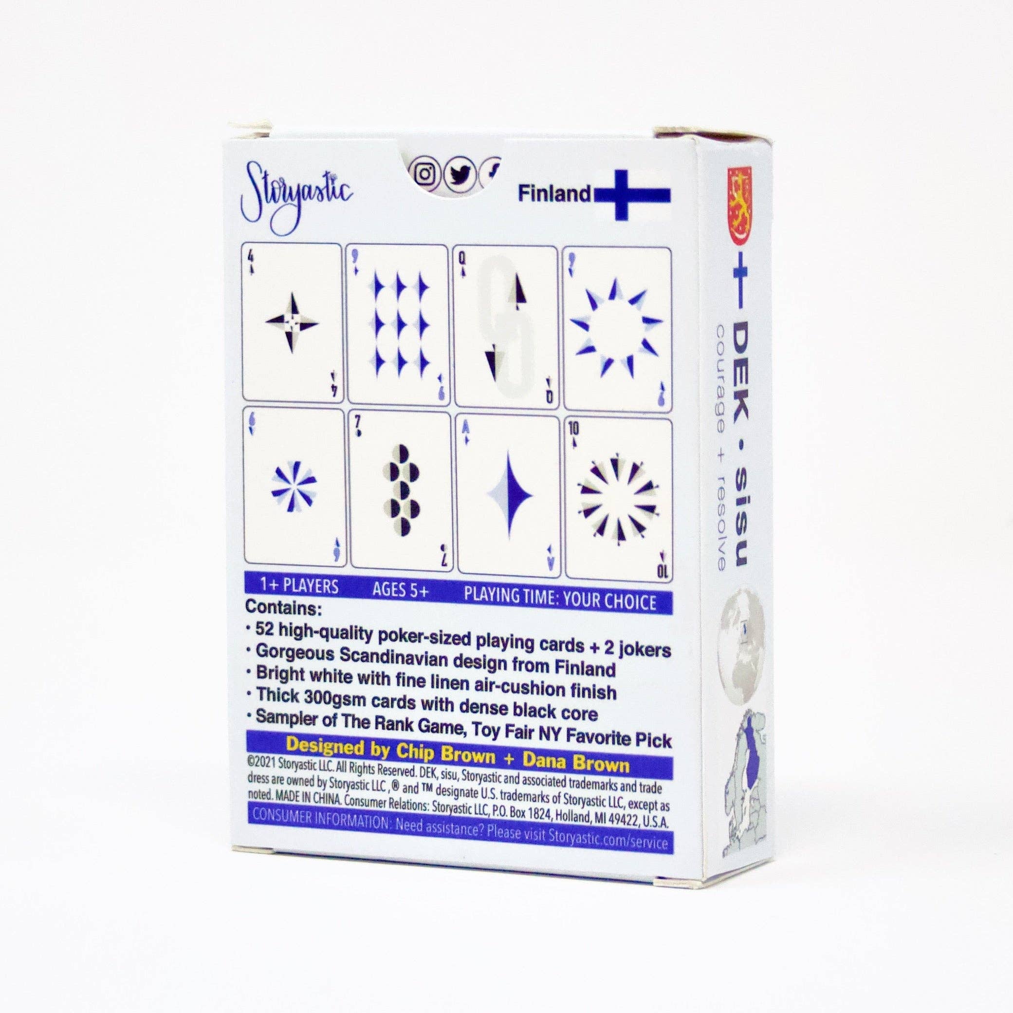 Box of DEK Sisu (Finland) playing cards, showcasing a Scandinavian theme with star motifs and Finland branding, embodying the Finnish concept of resilience. Includes 52 cards and 2 jokers. Designed by Chic Brown and Dana Brown, suitable for ages 5 and up.