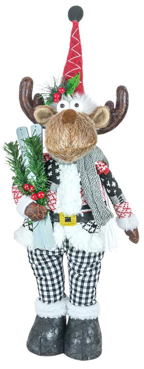 The Mr. or Mrs. Dashing Moose Stander adds whimsical holiday charm and cozy Scandinavian flair to your decor, featuring festive Nordic style with a Santa hat, plaid pants, scarf, and holding a decorated tree and skis.
