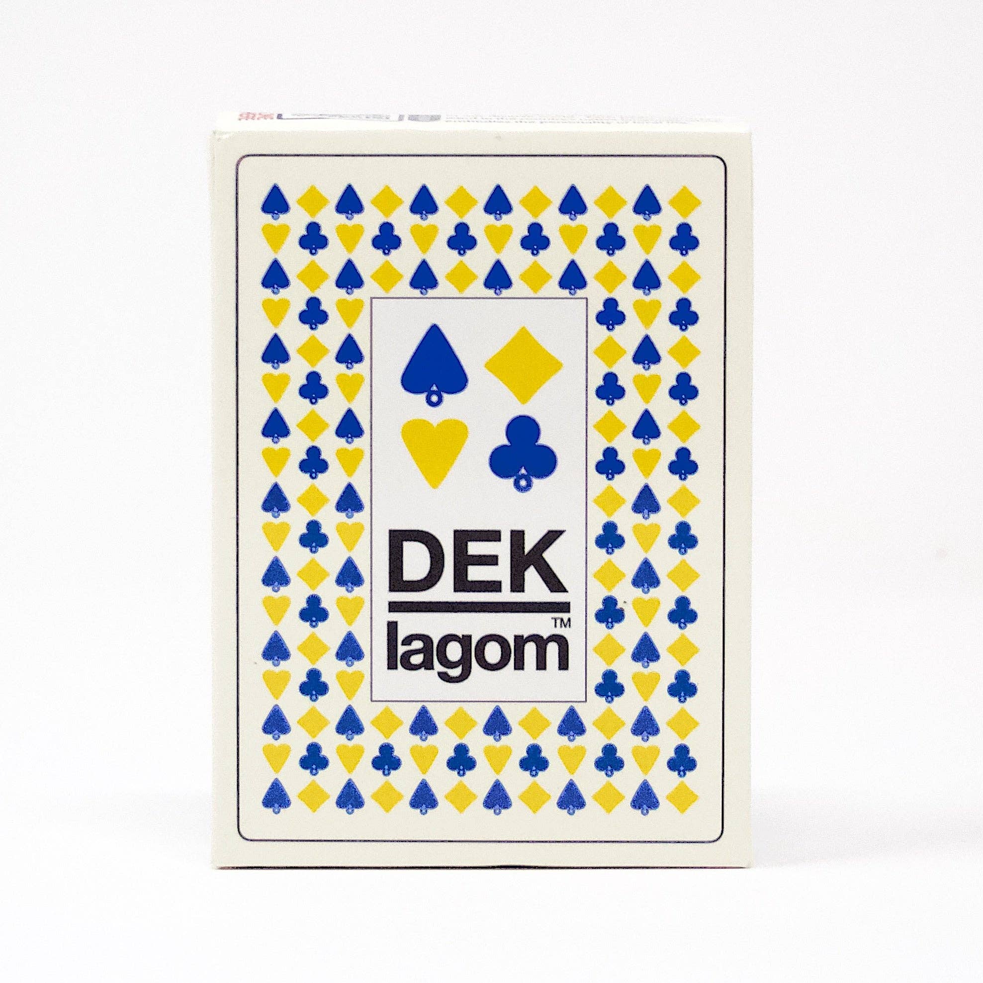 A deck of DEK Lagom playing cards from Sweden, ideal for a harmonious lifestyle, showcasing a design of blue clubs, yellow diamonds, blue spades, and yellow hearts.