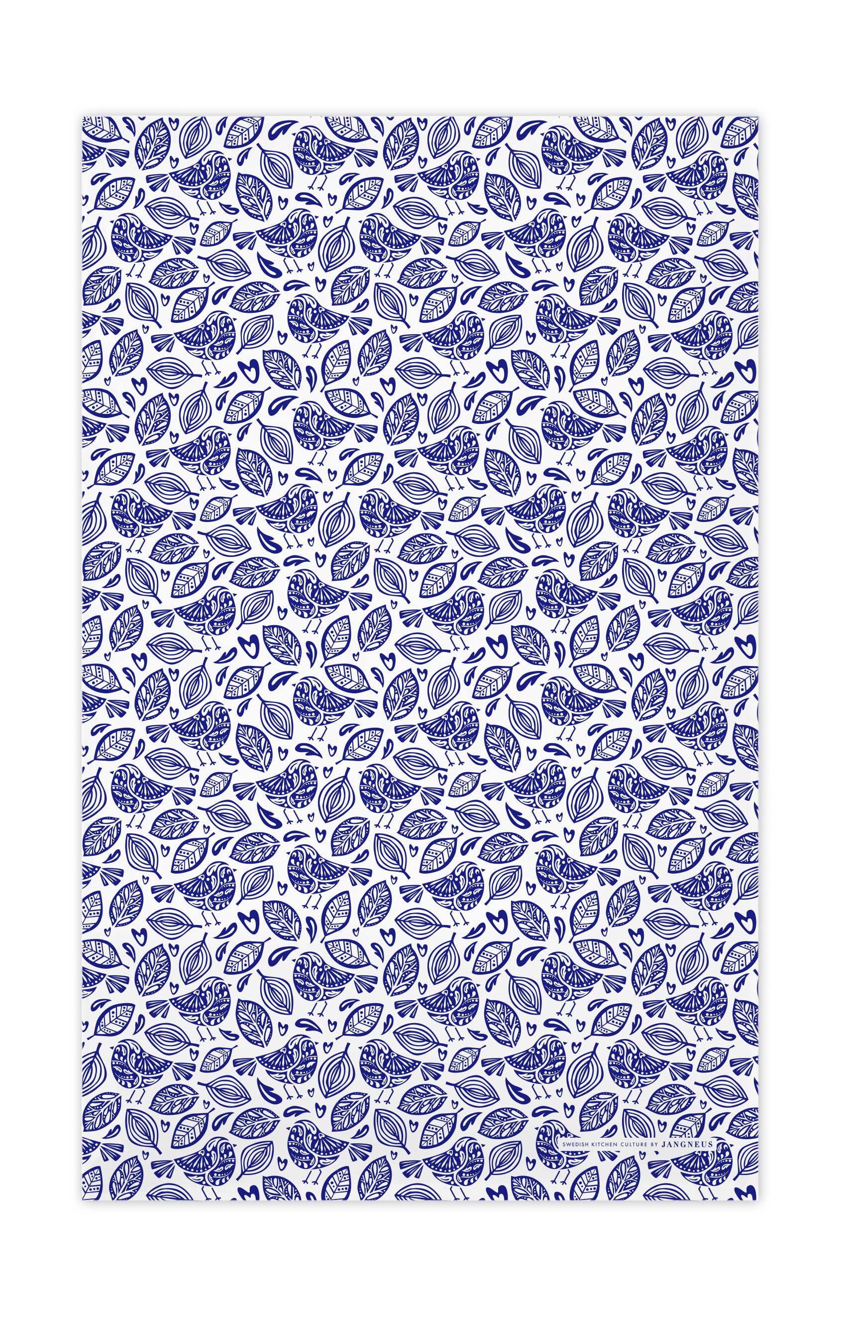 A blue and white patterned design reminiscent of a dense arrangement of intricate, stylized leaves, similar to the Robins Blue Scandinavian Tea Towel.