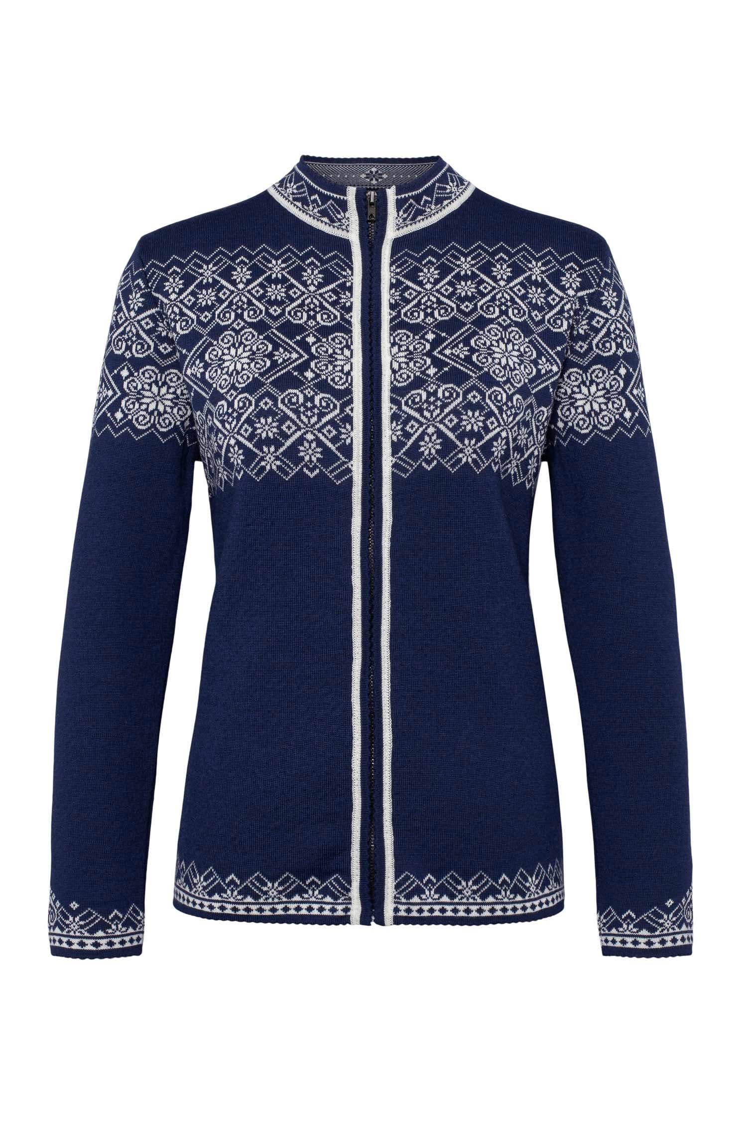 The Aurora Norwegian Merino Wool Cardigan for women is a navy blue sweater with white Nordic details, a front zipper, and high collar.