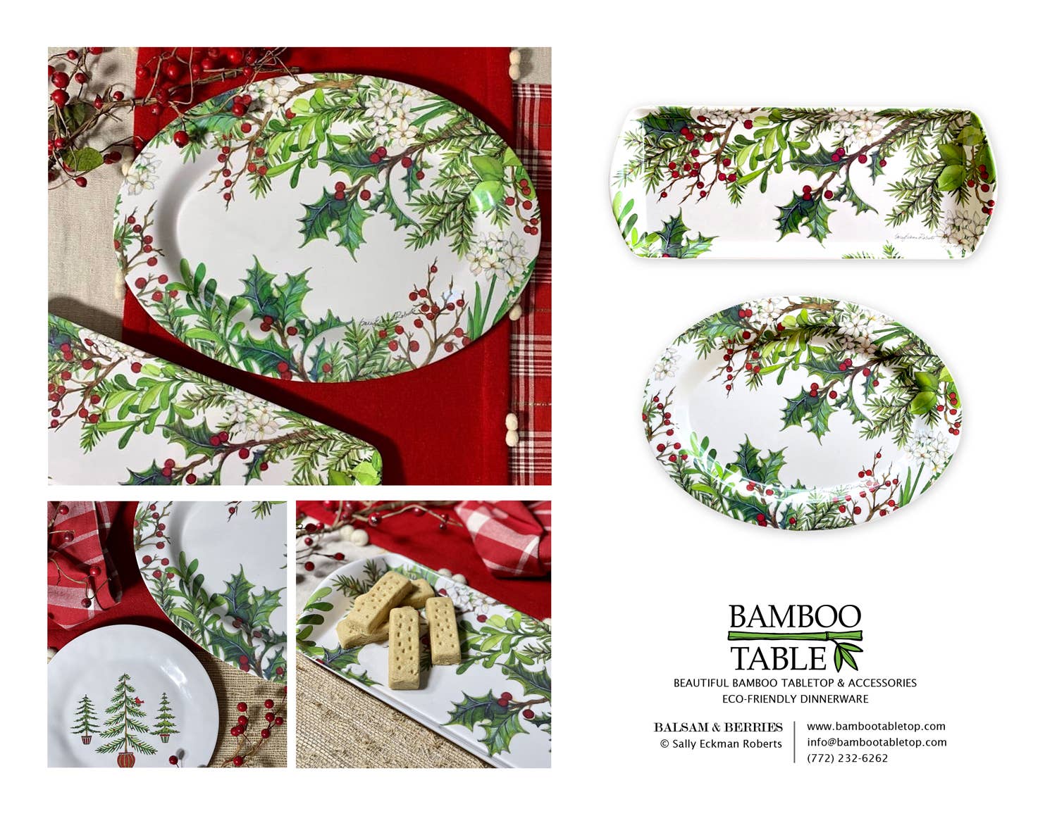 A festive Holly & Berries Holiday Serving Appetizer Tray is displayed with cookies and berries on red and white table linens, featuring holly and pine designs—perfect for serving almond cake or bread loaf.