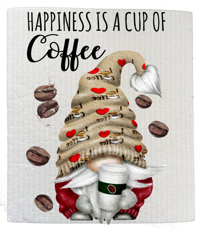 The Dish Cloth: Gnome "Happiness is Cup of Coffee" features a red-clad gnome with a coffee hat holding a cup, surrounded by beans and the text, "Happiness is a cup of coffee," for eco-friendly charm in your kitchen.