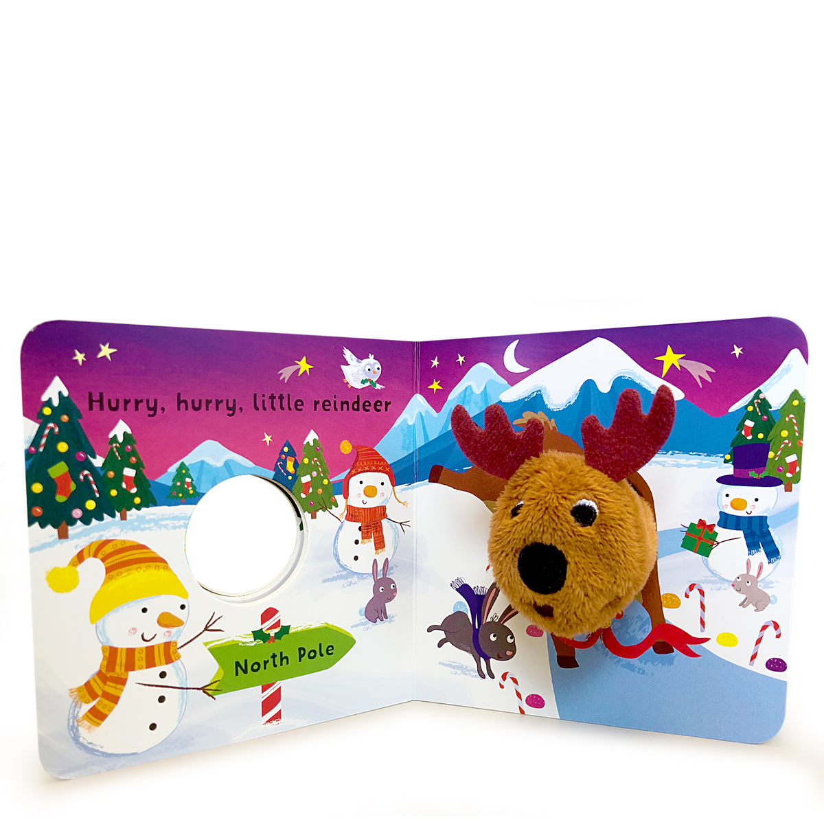 The "Jingle, Jingle, Little Reindeer Finger Puppet Board Book" features winter scenes with snowmen, animals, and gifts, plus a plush reindeer finger puppet attached through a North Pole hole for interactive holiday fun.