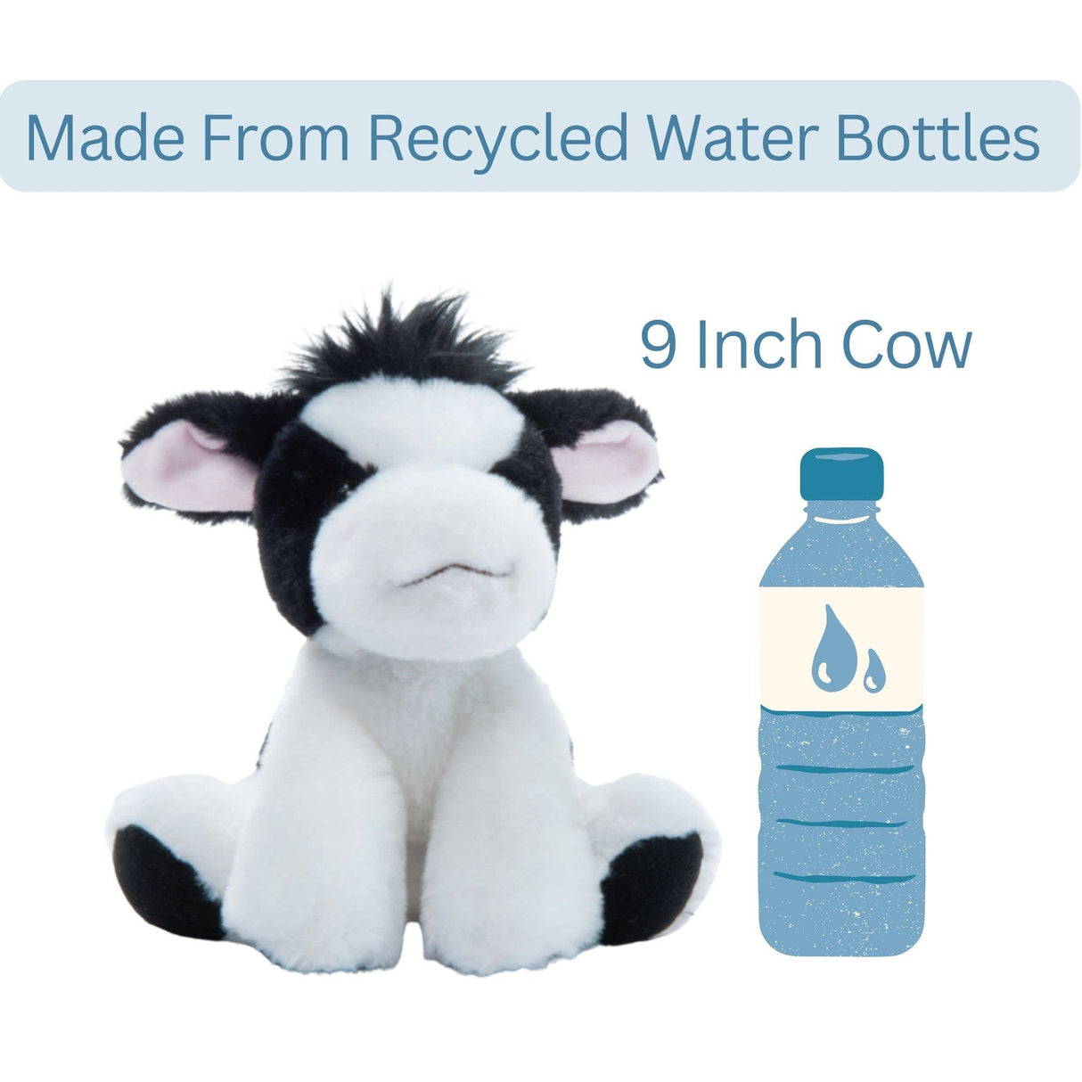 A Wild Onez Cow Stuffed Animal by The Petting Zoo, measuring 8 inches (20cm), sits next to a water bottle. Text reads Made From Recycled Water Bottles and 8 Inch Cow, highlighting this eco-friendly plush crafted from recycled materials.
