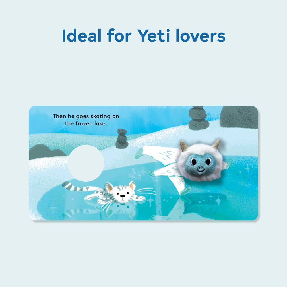 Baby book page featuring a 3D plush yeti face, with an illustration of a yeti and a white tiger skating on a frozen lake.
