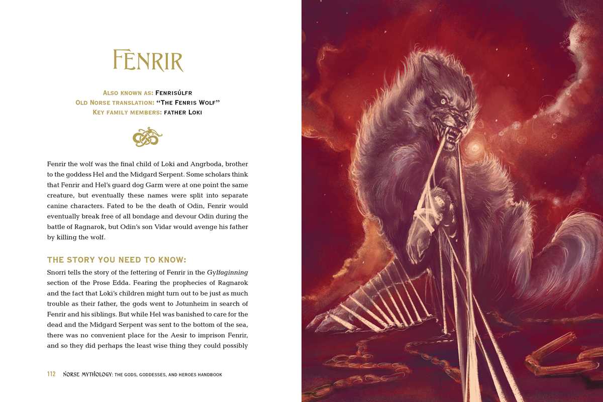 Discover an illustrated page on Fenrir in Norse Mythology: The Gods, Goddesses, and Heroes Handbook by Kelsey A. Fuller-Shafer, featuring Norse lore and art of the giant wolf breaking glowing chains in a fiery setting.