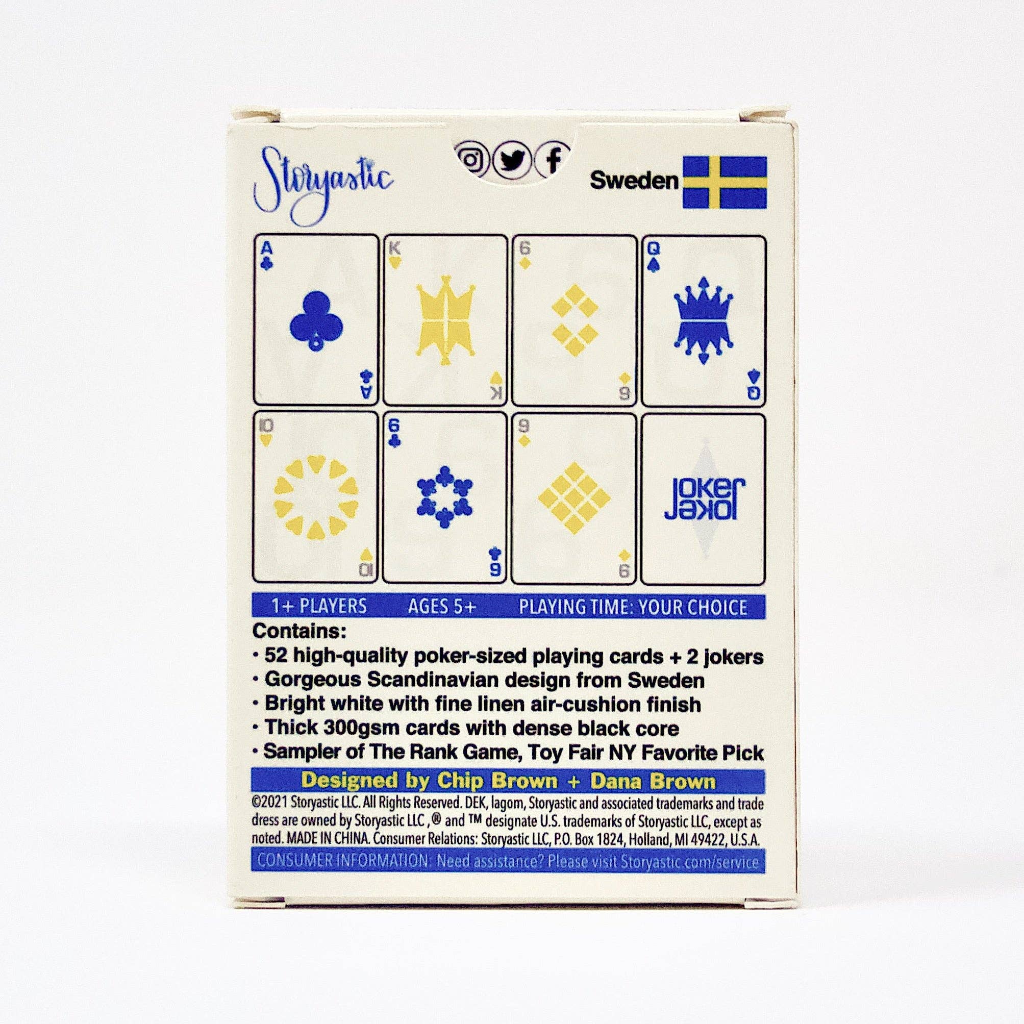 DEK Lagom (Sweden) offers a set of playing cards inspired by Scandinavian designs and the Lagom philosophy of balanced living. This product includes a Swedish flag and design credits, featuring a total of 52 cards plus 2 jokers, suitable for ages 5 and up.