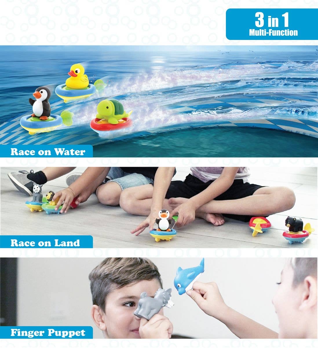Kids play with the Bath Toy: Penguin Boat Racers Buddy, a fun animal toy that floats, rolls on land, acts as a finger puppet, and includes a duck, turtle, pull-and-go penguin racer bath toy, and puffin for endless educational water play.