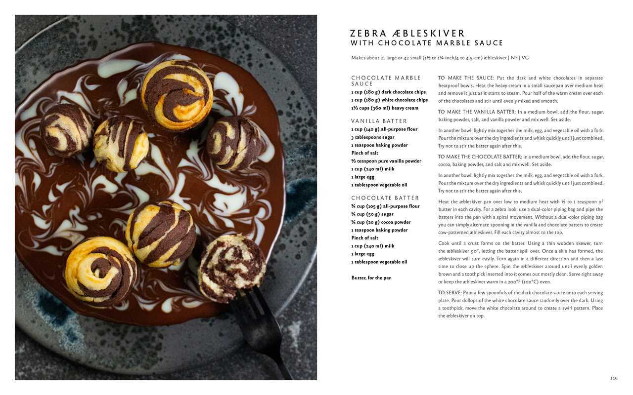 A plate of zebra Æbleskiver topped with chocolate and vanilla sauces sits beside a fork, inspired by the book Aebleskiver by Pim Pauline Overgaard—a fresh take on traditional Danish pancakes.