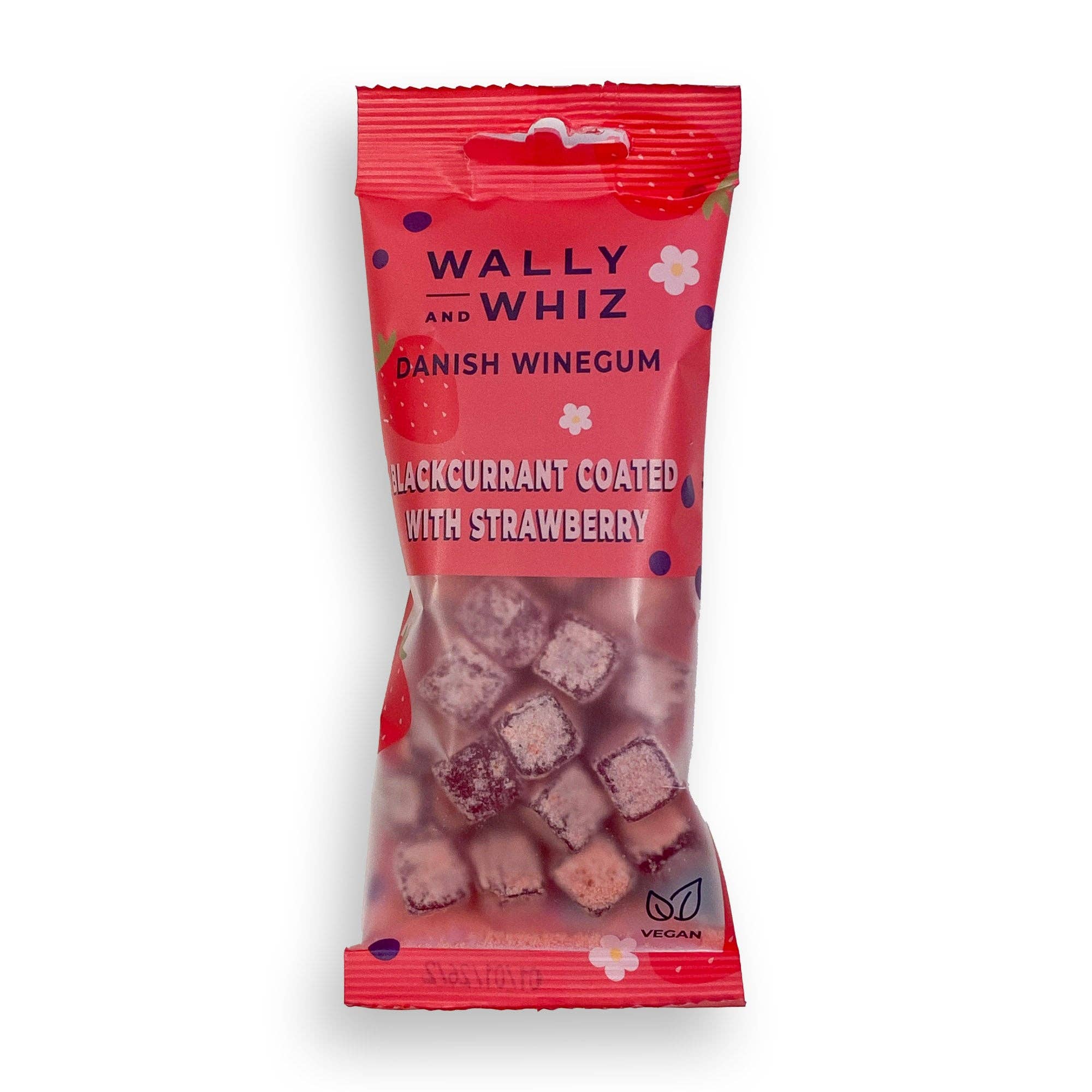 A pink bag of Wally & Whiz Gummy Cubes Blackcurrant w/ Strawberry (56g) Danish Candy features fruit graphics and a vegan logo—delicious vegan gummies made with real flavor.