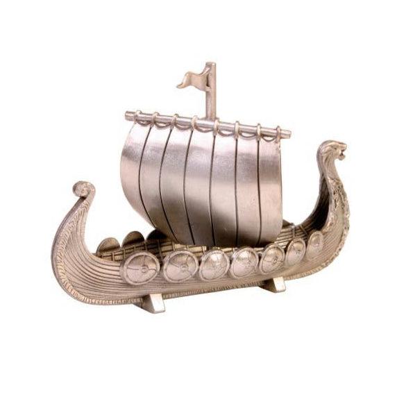 Crafted in Norway, this pewter Viking ship figurine showcases intricate details with its majestic sail and gracefully curved prow and stern—an ideal masterpiece for any Viking enthusiast.