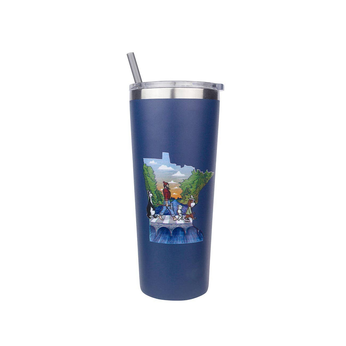 The Abbey Road Minnesota State 22 Oz Stainless Tumbler by Adam Turman features a blue finish, metal lid and straw, and an illustration of people and dogs hiking on a bridge amid trees and mountains.