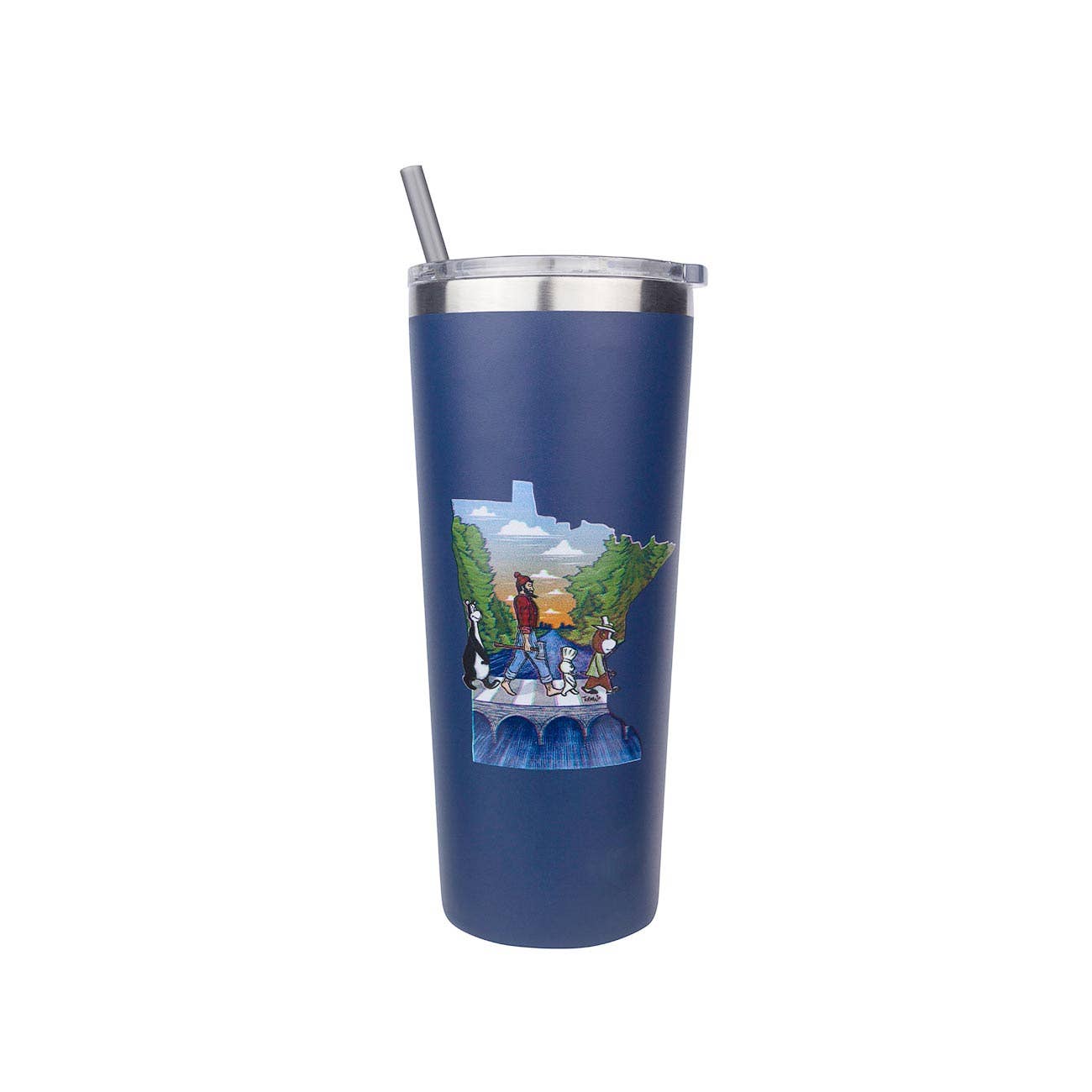 The Abbey Road Minnesota State 22 Oz Stainless Tumbler by Adam Turman features a blue finish, metal lid and straw, and an illustration of people and dogs hiking on a bridge amid trees and mountains.