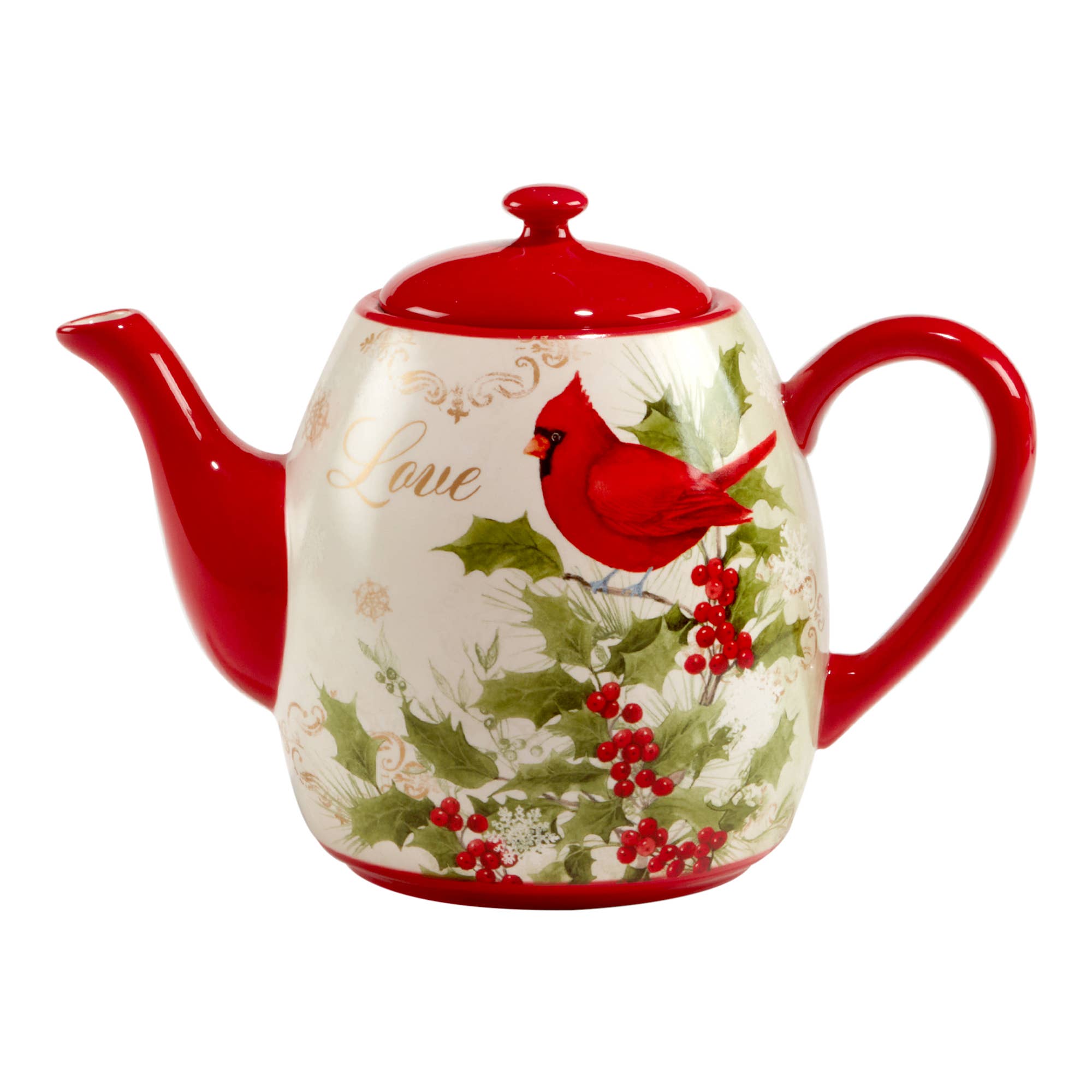 The Winters Medley Cardinal Teapot 40 oz. features a red lid, spout, and handle, plus a cardinal with holly and berries and the word “Love”—perfect for holiday gatherings.