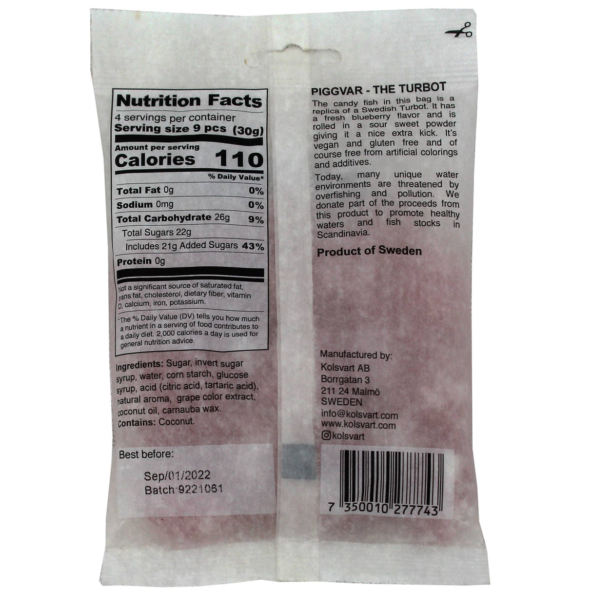 Back of Kolsvart Piggvar Sour Blueberry Swedish Fish (4.2 oz) candy bag with nutrition facts, ingredients, barcode, product description for vegan gummies in blueberry flavor, and manufacturer info in English.