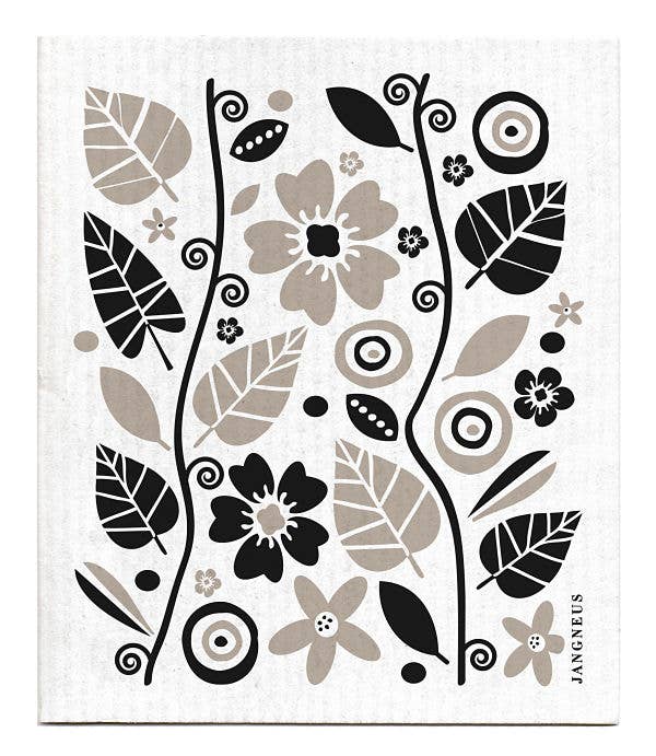 The Dish Cloth: Swedish Dish Cloth Garden - Black showcases a Scandinavian-style design with a stylized floral and leaf pattern in black, beige, and gray on white. Perfect for those seeking both chic aesthetics and biodegradable options.