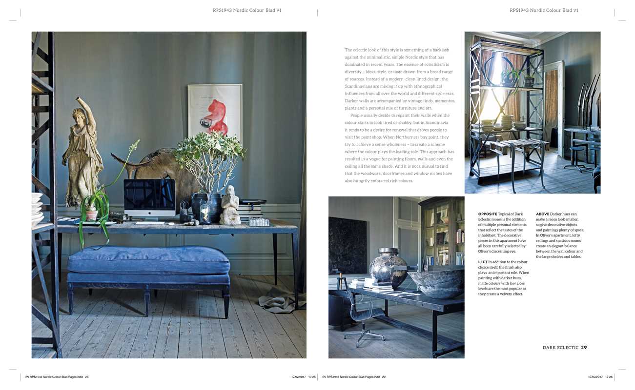 A Scandinavian-style home office featuring blue walls, wooden floors, a velvet bench, desk, sculptures, plants, framed art, and the book New Nordic Colour by Antonia af Petersens.