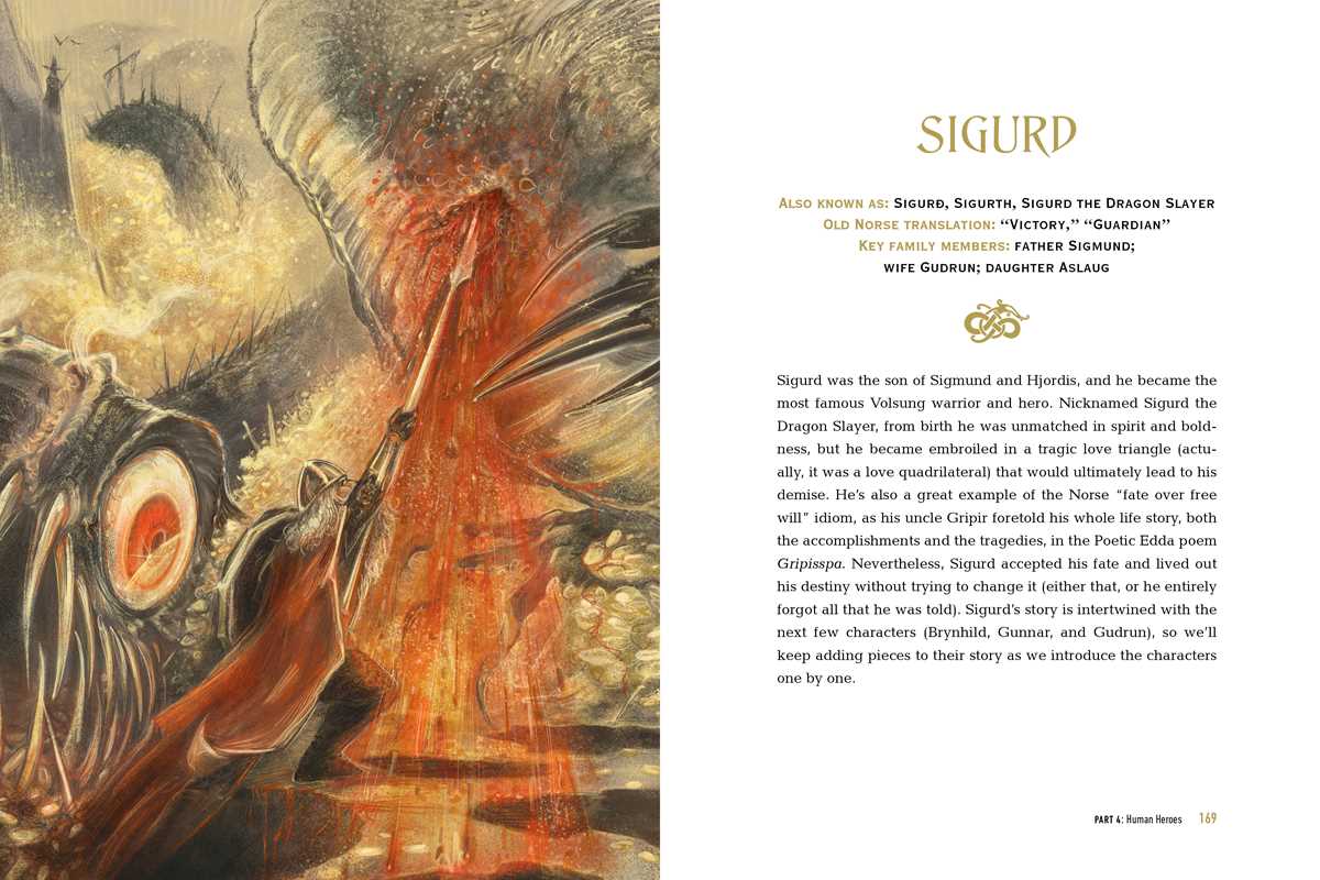 An illustration of Sigurd battling a dragon, with a fact box on his mythological role, inspired by Book: Norse Mythology: The Gods, Goddesses, and Heroes Handbook by Kelsey A. Fuller-Shafer.