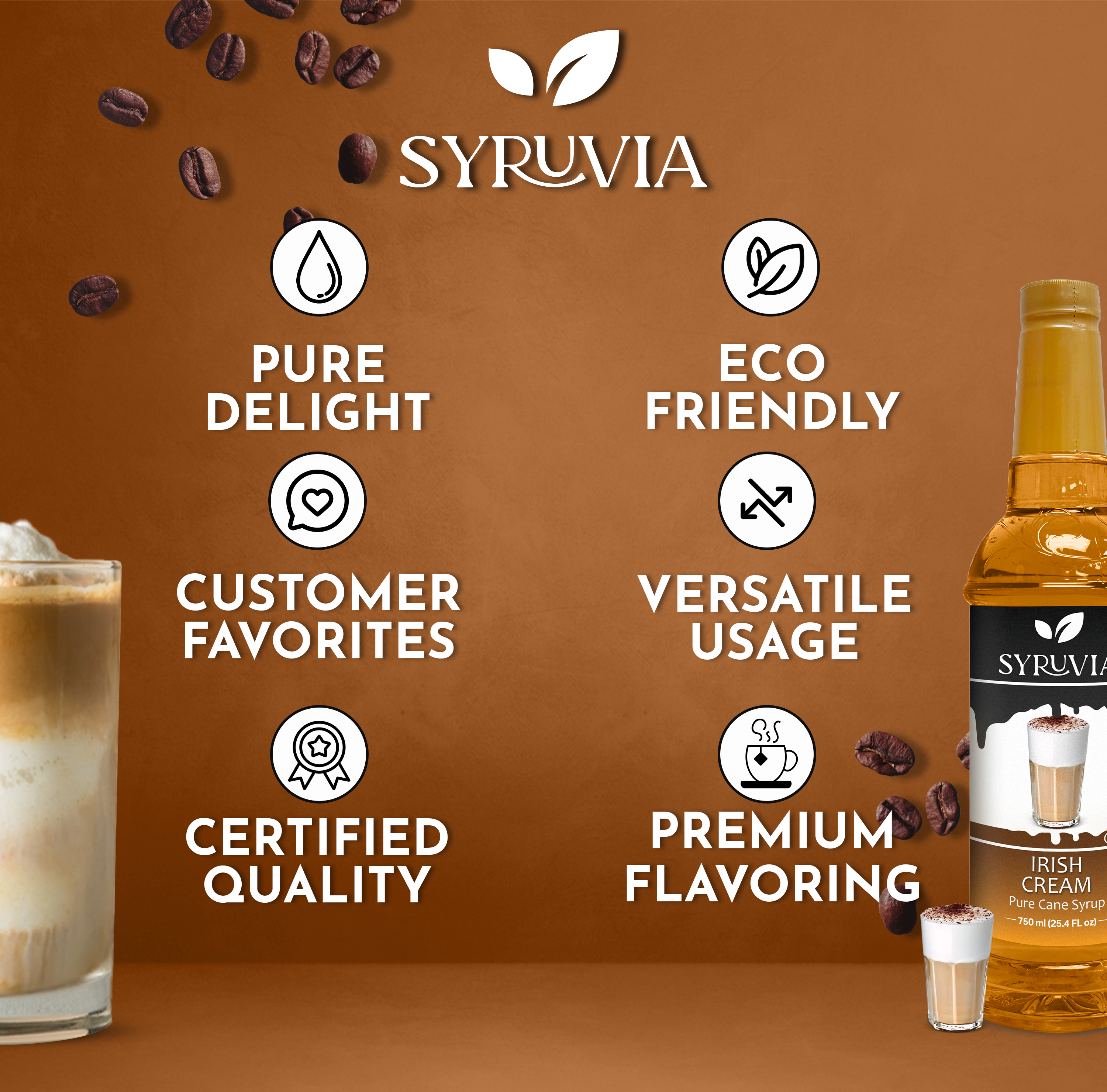 The Syrup: Irish Cream Coffee Syrup Syruvia Pure Cane Sugar bottle features coffee beans, a coffee drink, and six highlights: pure delight, eco-friendly, gluten-free, versatile use, certified quality, and premium Irish cream flavor.