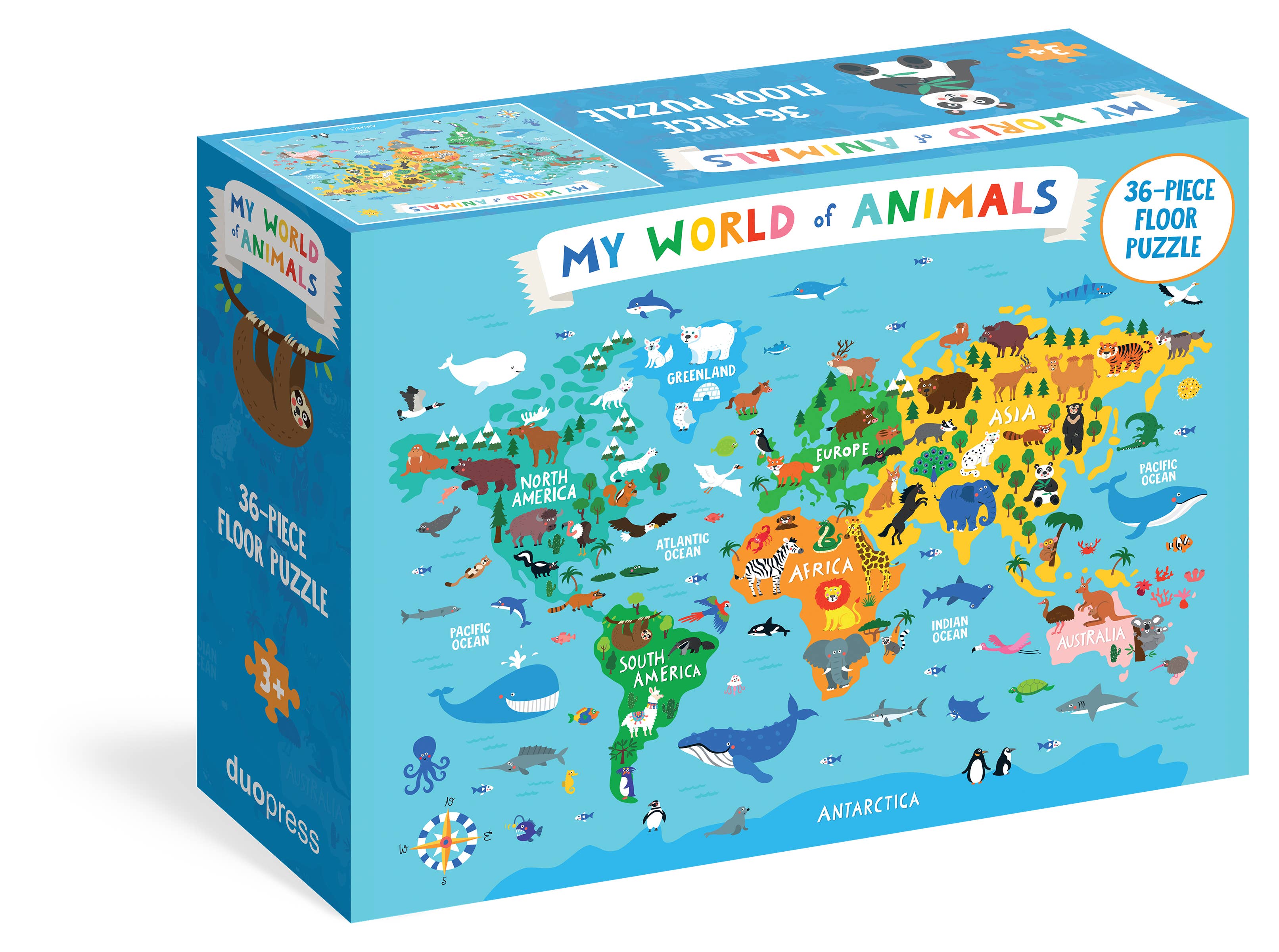 Discover the Puzzle: My World of Animals 36-Piece Floor Puzzle, featuring a colorful world map and illustrated animals from every continent for hours of engaging play.