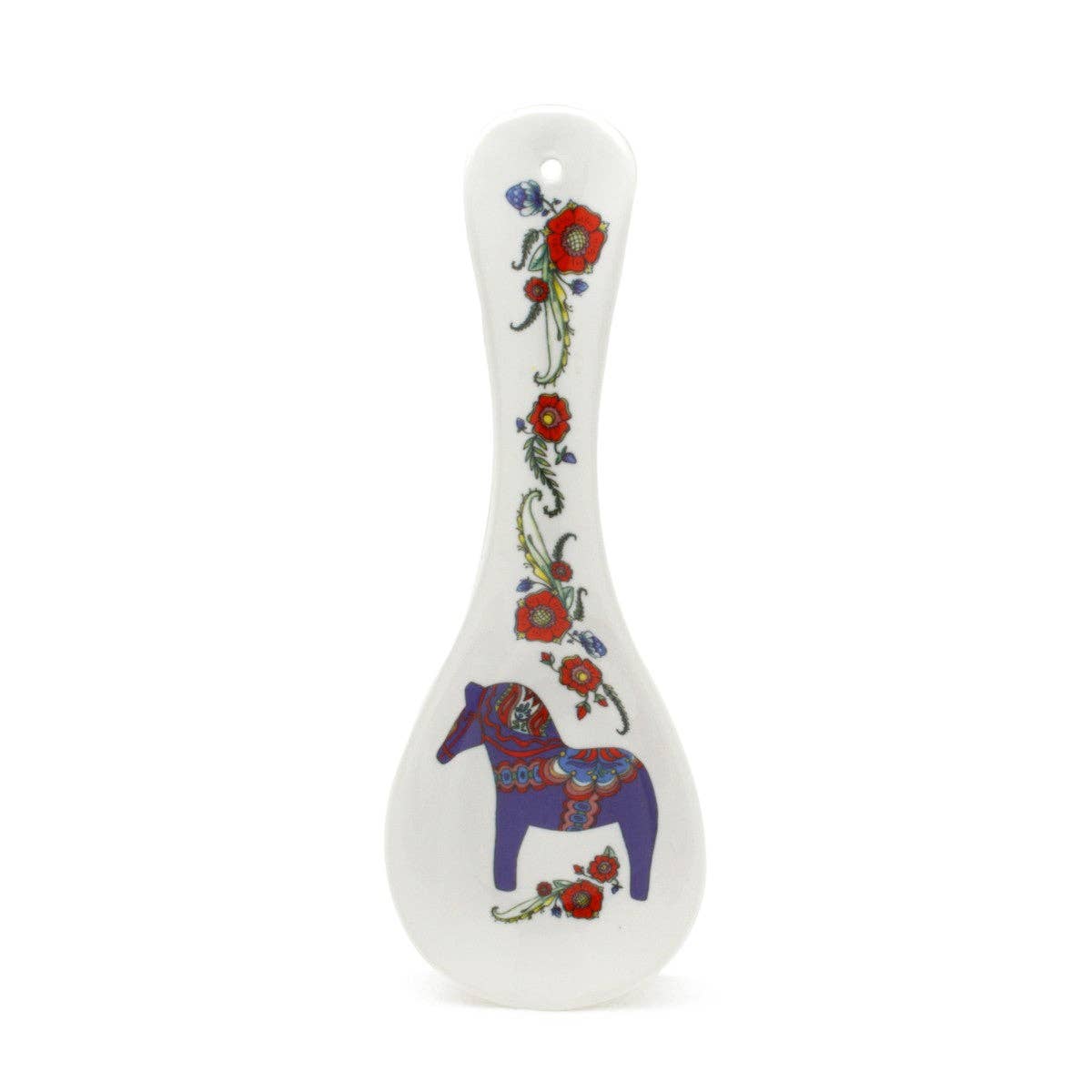 The Spoon Rest: Swedish Blue Dalarna Dala Horse Ceramic Spoon Rest features a blue Dala Horse with red flowers along the handle and base—a charming Swedish decor accent for your kitchen.